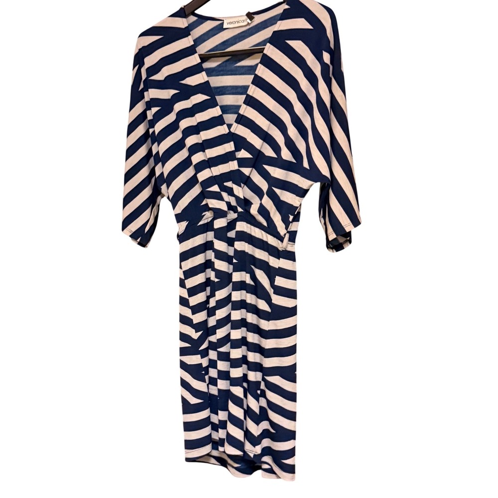 Veronica M Navy Tan Striped Surplice Wrap Dress XS DSS-2082 Made in USA